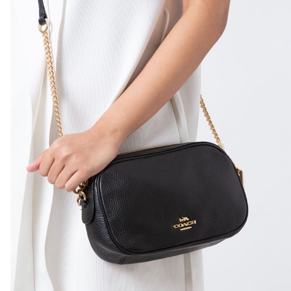 COACH Crossbody Bag Black Leather with Gold Chain-strap